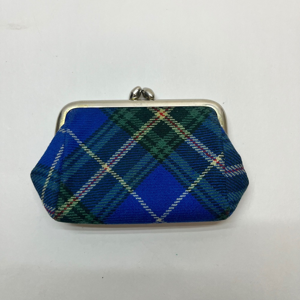 Vintage Blue Green Plaid Tartan Coin Purse Kiss Lock Clasp Small Pouch Wallet